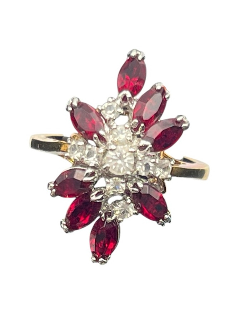 14k gold electroplate red clear rhinestone cluster cocktail ring size 7 vintage